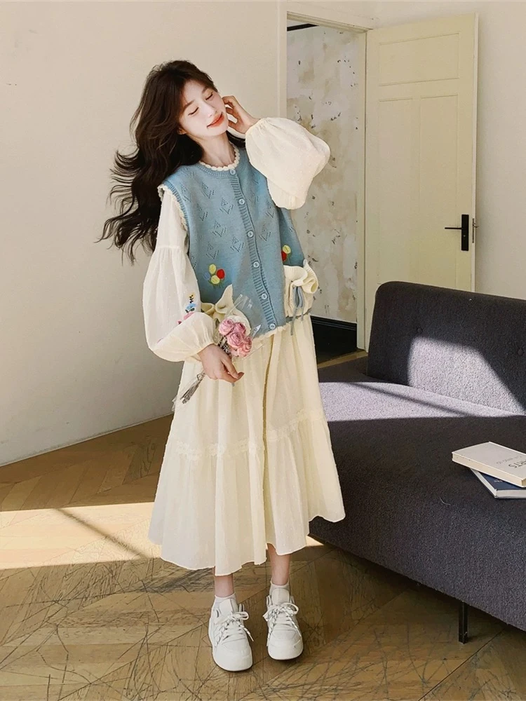 蓝色针织马甲连衣裙套装女春秋叠穿两件套学院风森系减龄温柔风