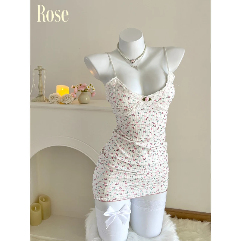 晚瑰·Rose 甜心小姐 甜美碎花带胸垫包臀性感蕾丝v领少女连衣裙