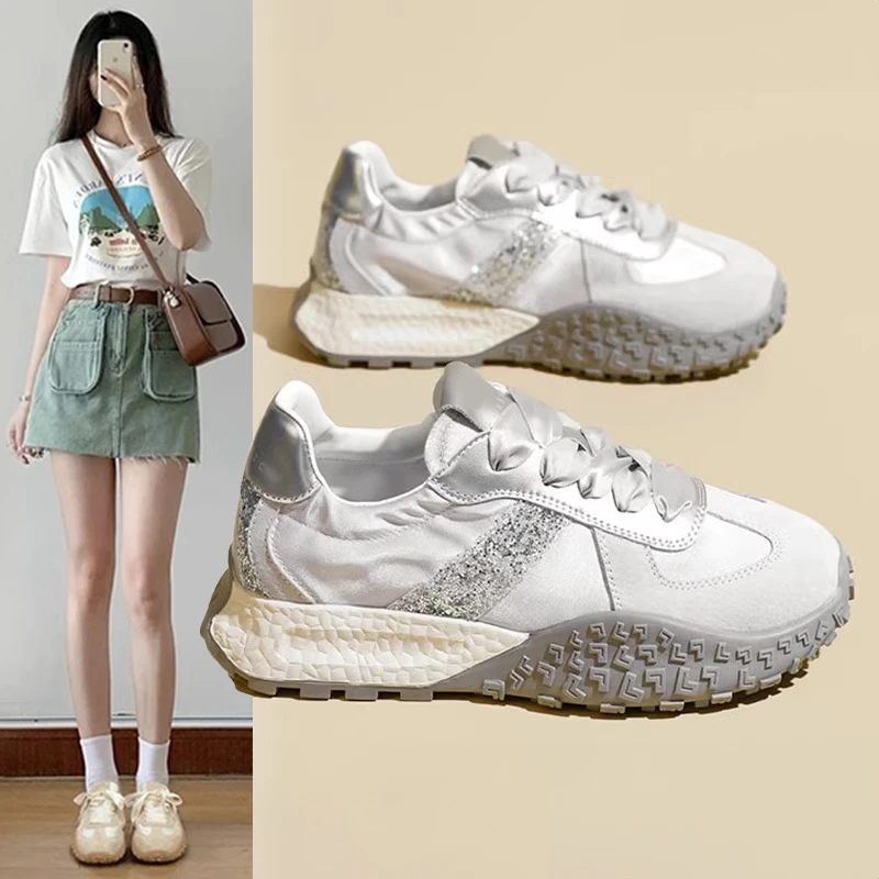 SHOEBOX鞋柜银色德训鞋女2025新款春厚底运动休闲鞋百搭阿甘鞋
