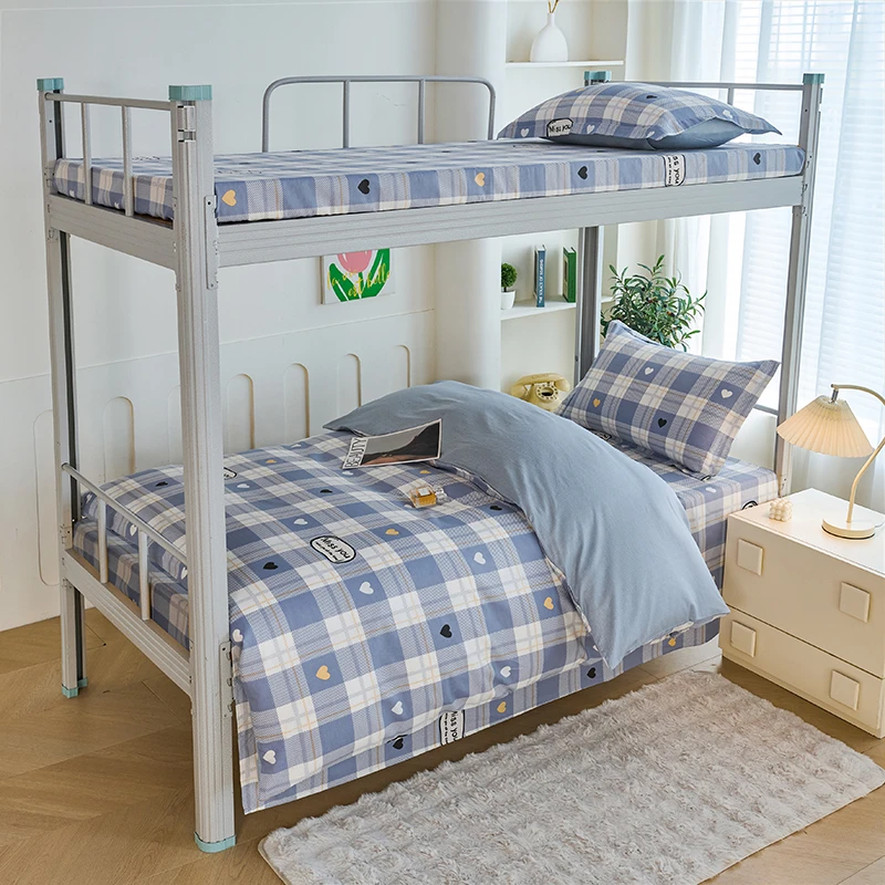 不老的爷爷大学生宿舍上下铺床上三件套格子纯棉高中水洗棉