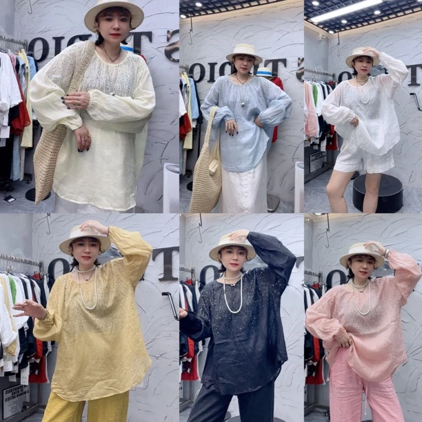 051衬衫烫钻圆领拼接中长款上衣黑色长袖秋季宽松夏季