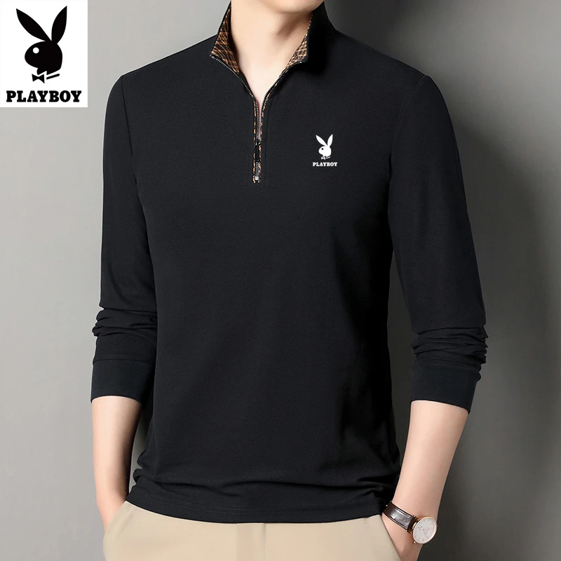 花花公子男士棉质长袖polo衫休闲春秋季透气翻领T时尚打底衫秋装