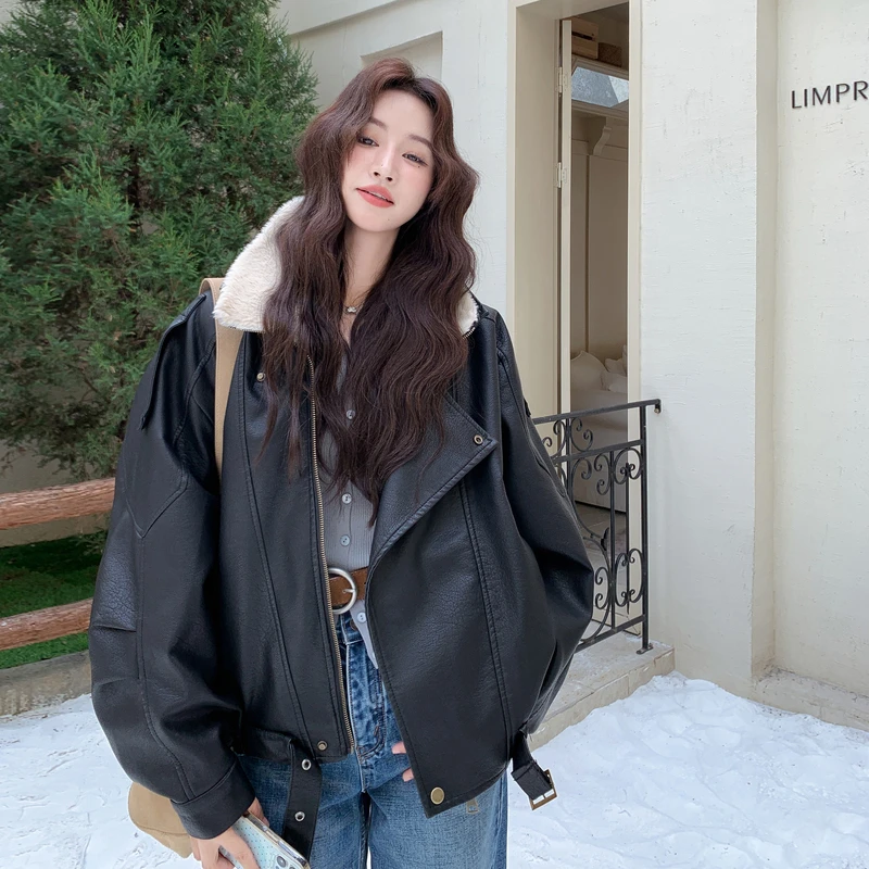 黑色pu皮衣外套女冬季加绒加厚巨好看高级感超火独特短款棉衣棉服