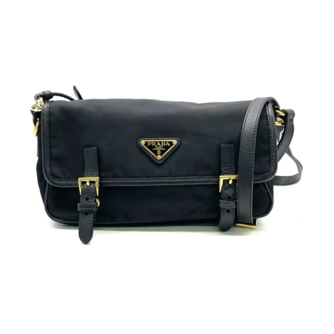 95新 Prada/普拉达 PRADA/普拉达黑金尼龙邮差包 35173