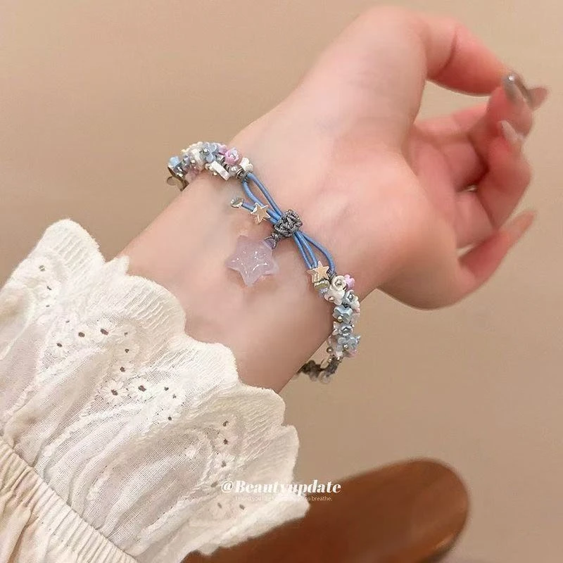 合金手链 「蓝星花」蓝色星星月亮手工编绳手链甜美蝴蝶小花高颜值