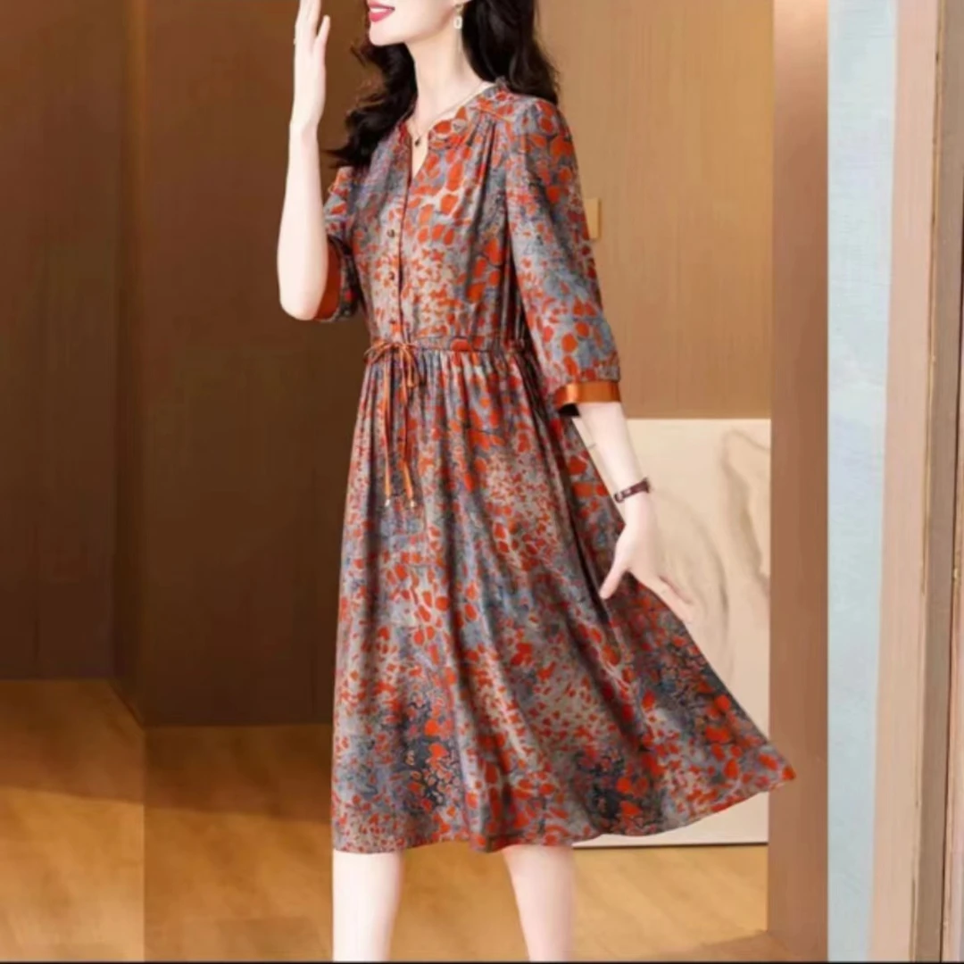 【千姿燕】3859新款花边V领水墨点点收腰复古气质百搭减龄女连衣裙