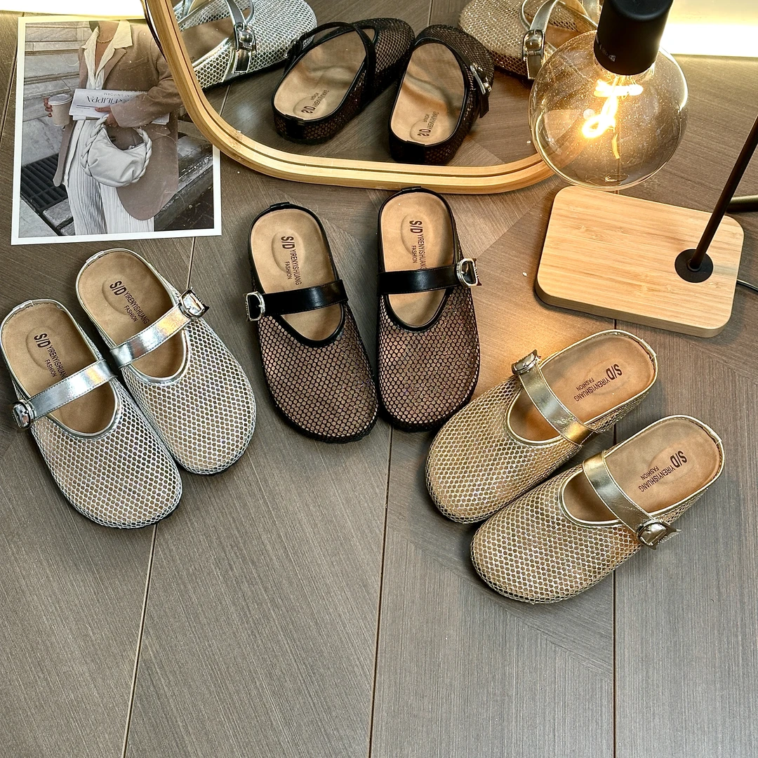 韩系编织细闪包头半拖鞋2025春季新款法式平底百搭外穿半拖鞋