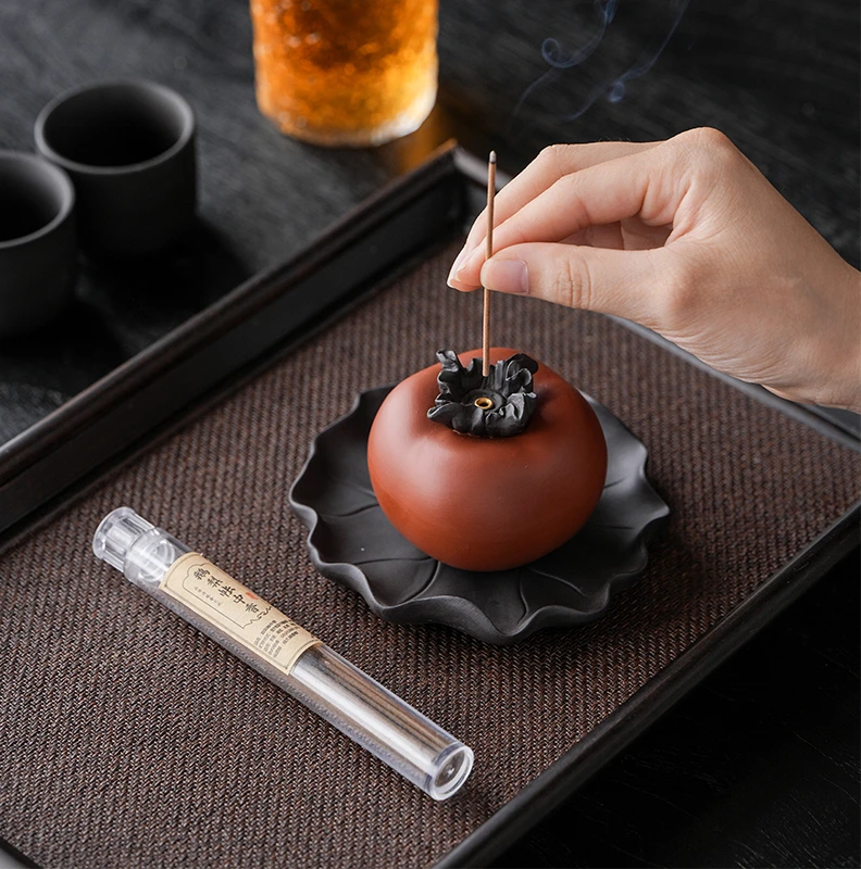 柿柿如意创意紫砂小柿子线香插摆件茶宠家用小香熏炉檀沉香座香道