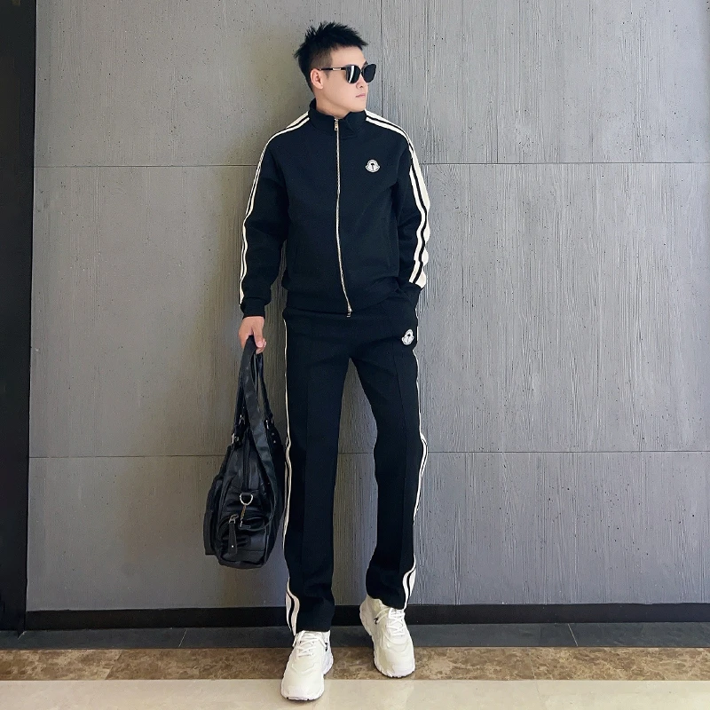 秋季新款休闲卫衣卫裤两件套男时尚百搭修身立领织带拼接运动套装