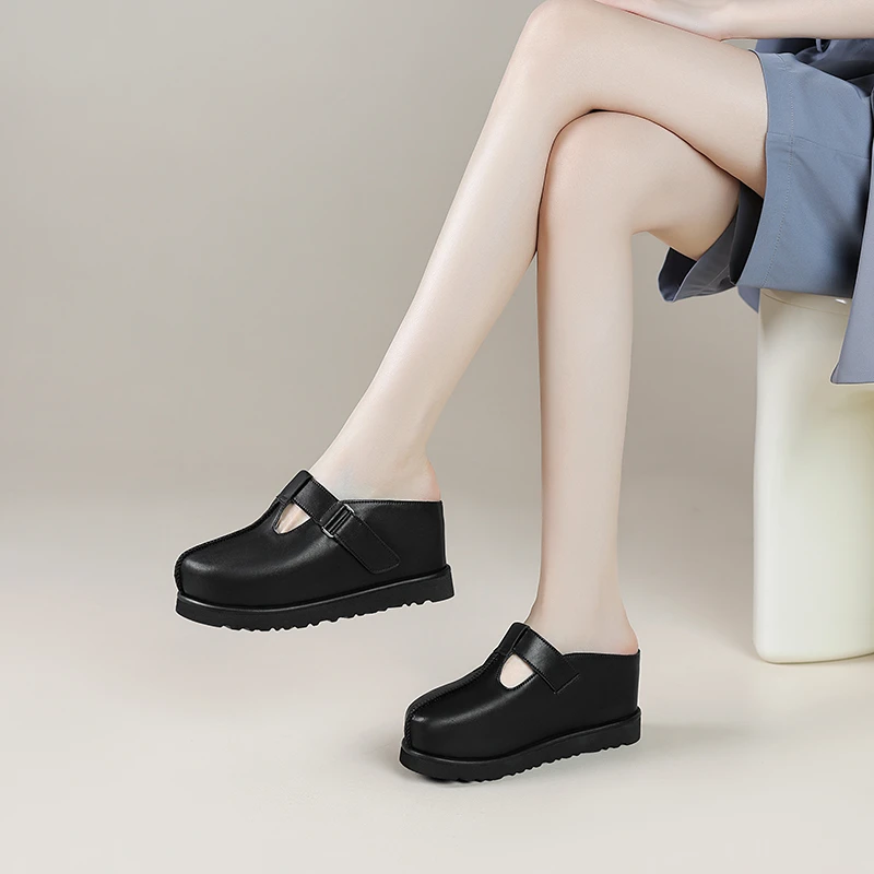 6cm包头拖鞋女夏新款真皮厚底女士半拖休闲增高小个子外穿凉拖鞋