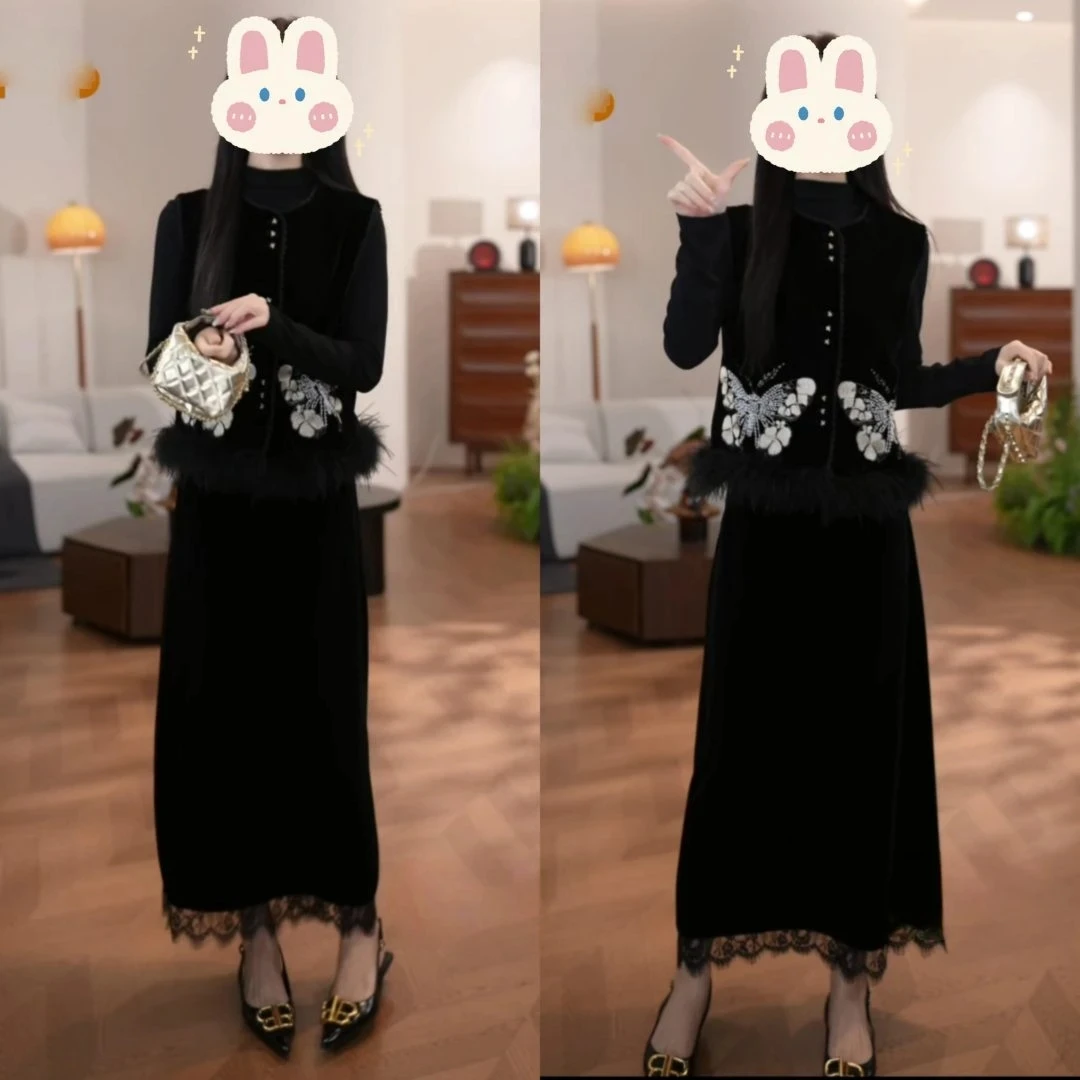 2025春秋季新款复古新中式马甲纯色打底衫半身裙三件套