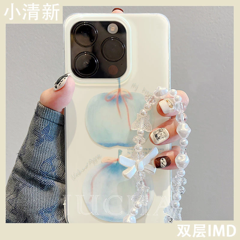 蝴蝶结蓝适用苹果16plus手机壳带挂链简约华为nova13荣耀女款OPPO