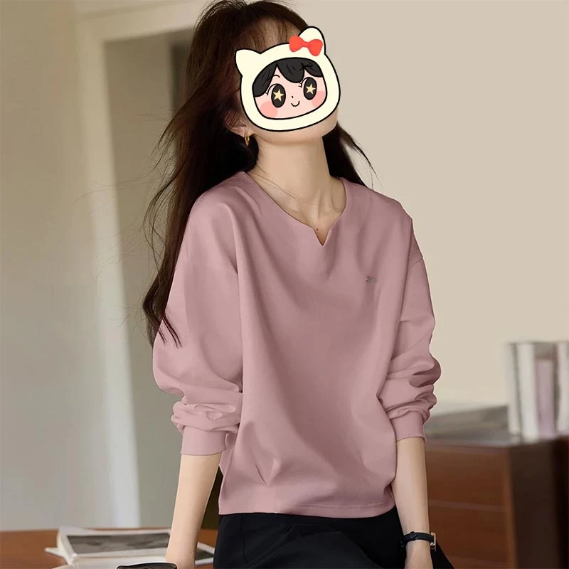 休闲小V领宽松卫衣女2025年春秋新款简约收腰显瘦设计感百搭上衣