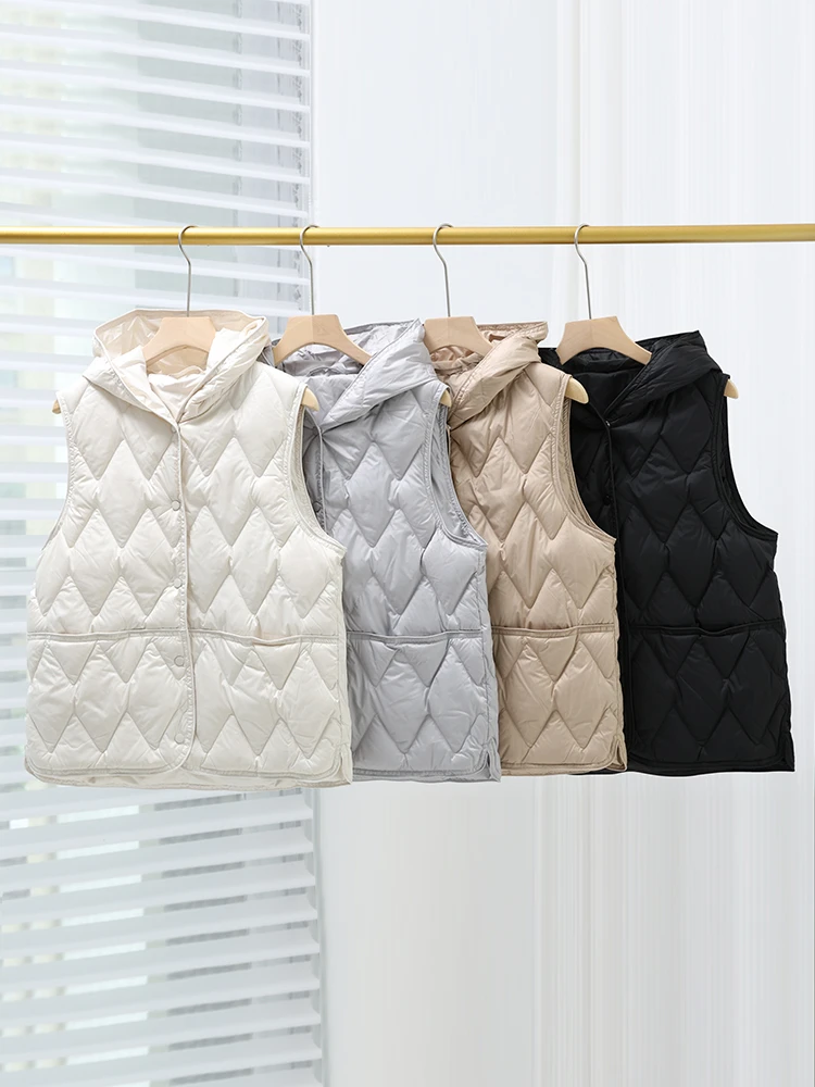秋冬时尚菱格羽绒服无袖外穿马甲女连帽90绒百搭叠穿马甲