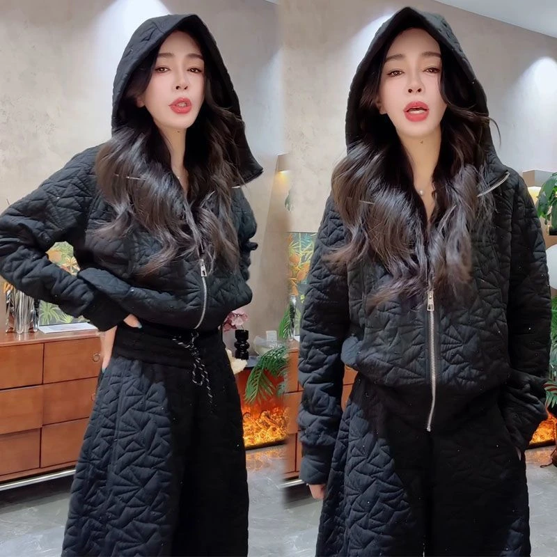 欧洲站2025菱形格亮钻休闲连帽冬季新款外套棉服时尚套装两件套女