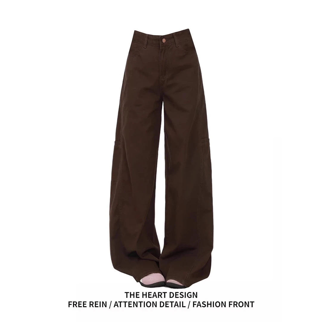 美式复古棕色牛仔裤女早秋2025新款宽松显瘦阔腿裤慵懒显瘦长裤子