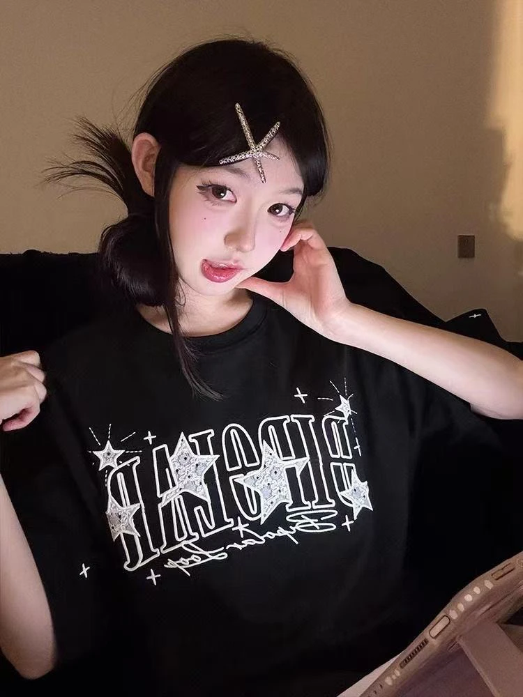 美式高街刺绣短袖T恤男女夏季宽松休闲潮流ins小众情侣高级感上衣