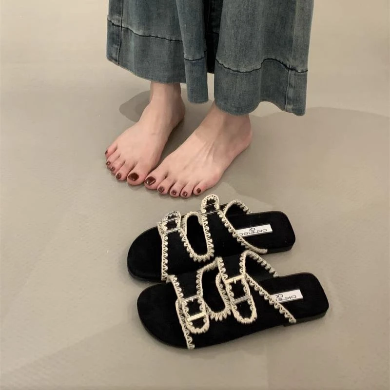 厚底蕾丝勃肯凉拖女2025新款夏季外穿防滑方头皮带扣一字拖沙滩鞋