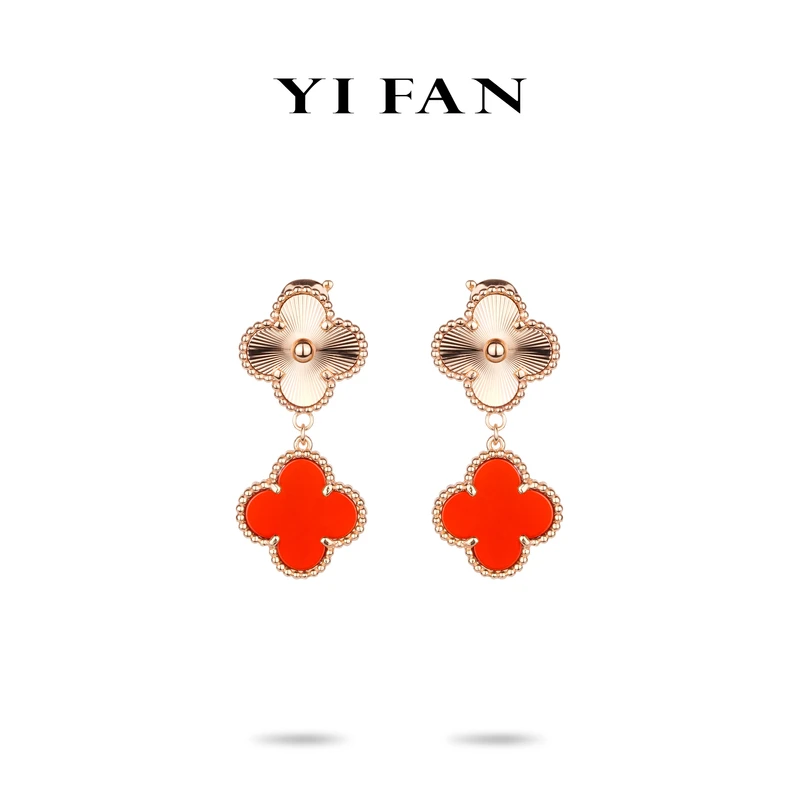 925银合成锆石耳饰 红色四瓣花长款灵动百搭耳环(车花片白铜）