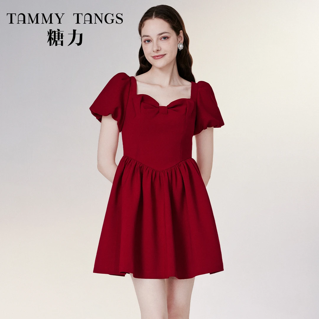 【官号专属】糖力红色在逃公主party小礼服短袖连衣裙