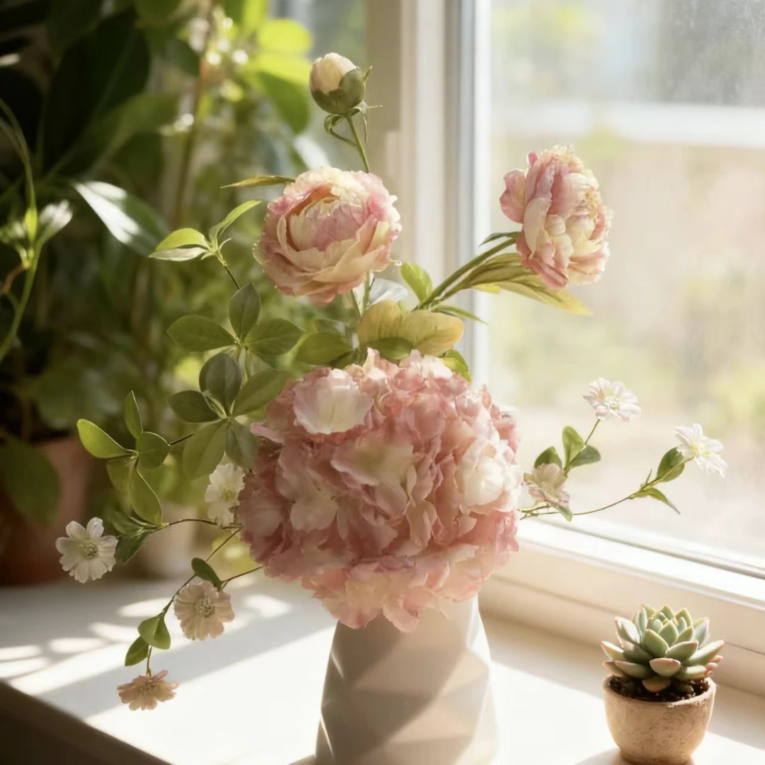 新品粉色系中式意境绣球牡丹假花逼真仿真花束高档居家婚房装饰品