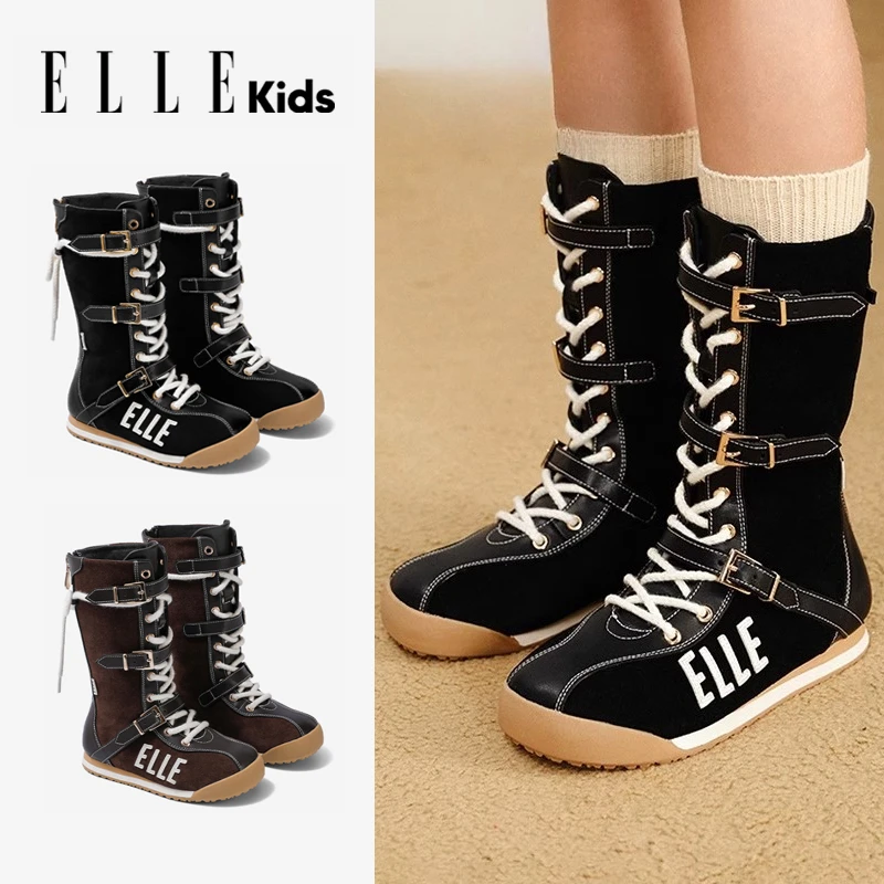 ELLE KIDS童靴新款女童冬季靴子软底儿童长靴黑色洋气小女孩皮靴