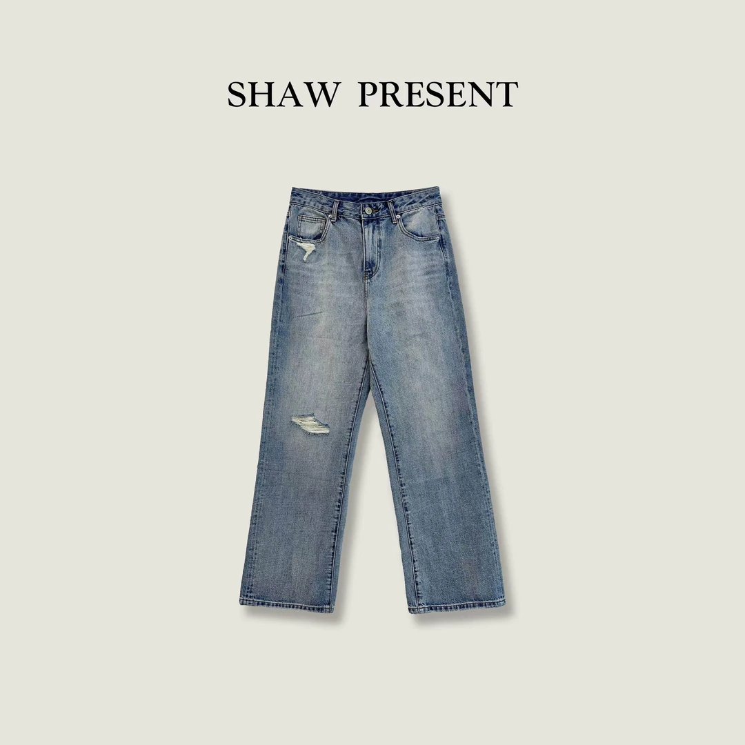 Amor 雾昏 100%棉 破洞休闲阔腿 直筒牛仔裤DW3022