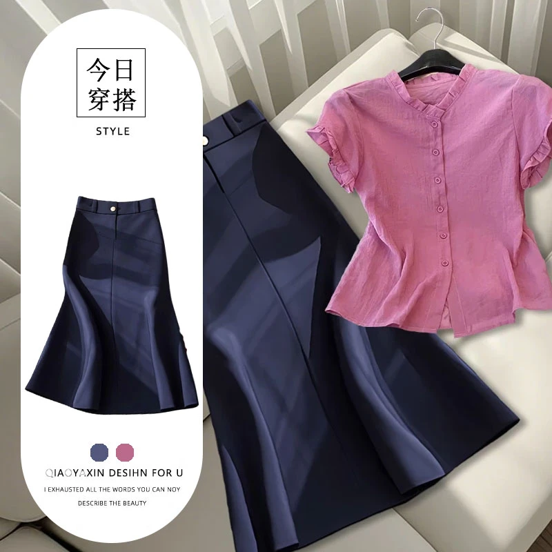 2025夏季新款时尚复古时尚短袖上衣上班族通勤高腰显瘦半身裙女装