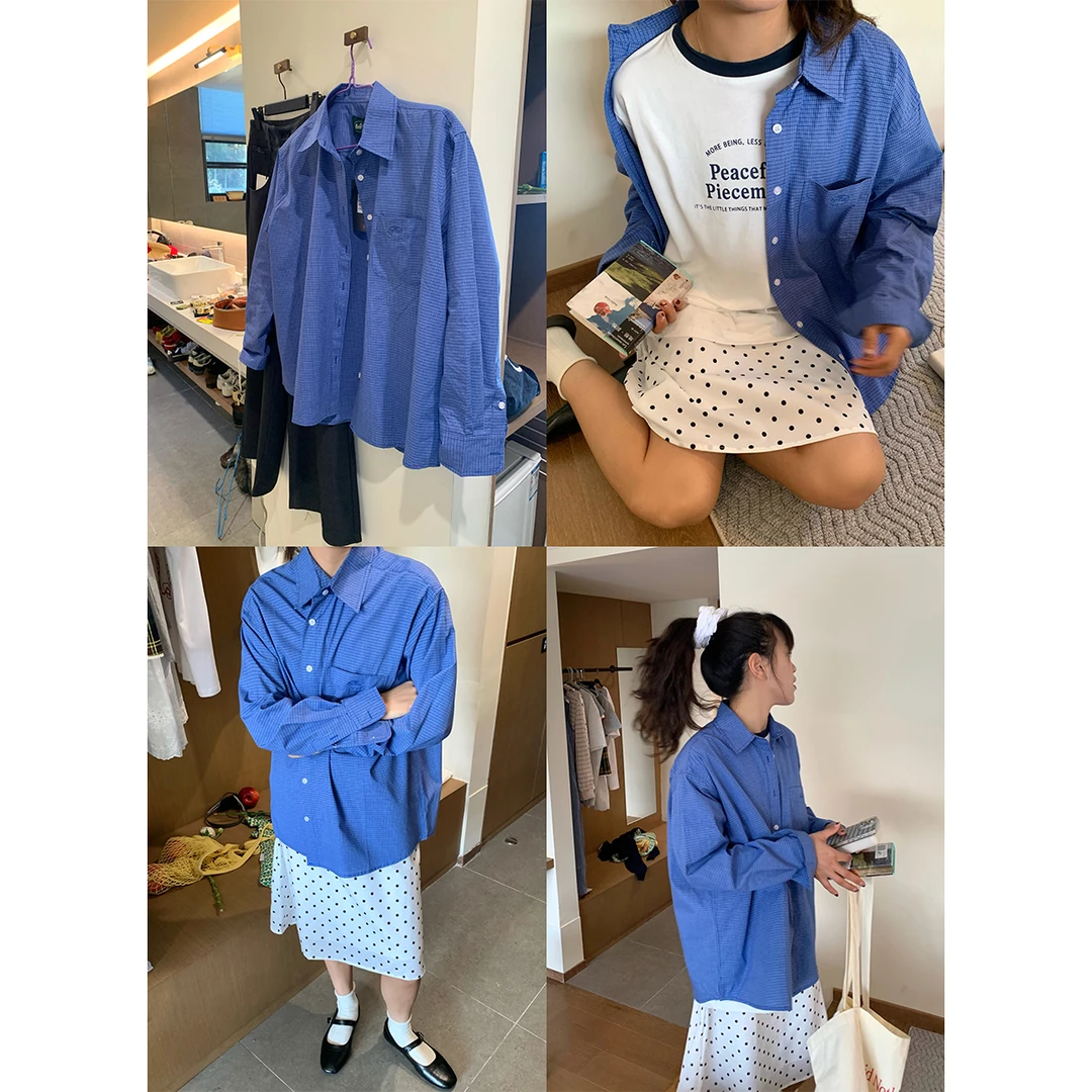 NIDEBLACK韩系少女复古蓝色格子衬衫长袖休闲宽松情侣衬衣外套女