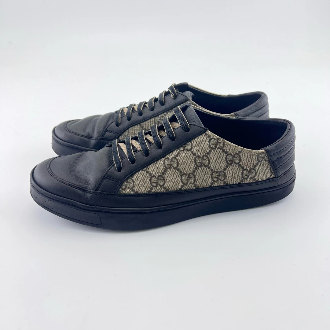 95新 GUCCI/古驰 41码/拼色经典老花帆布拼皮系带板鞋/13582350