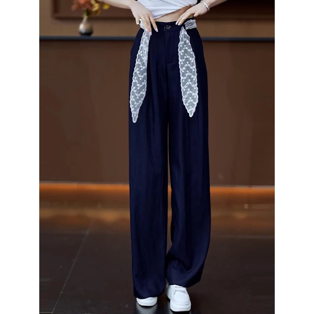 丹宁蓝蕾丝系带西装阔腿裤女2025年爆款休闲裤小个子九分直筒裤子