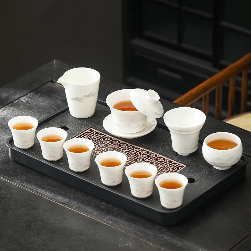 远山悬停盖碗德化白瓷功夫茶具套装高端全套办公室家用茶盘整套