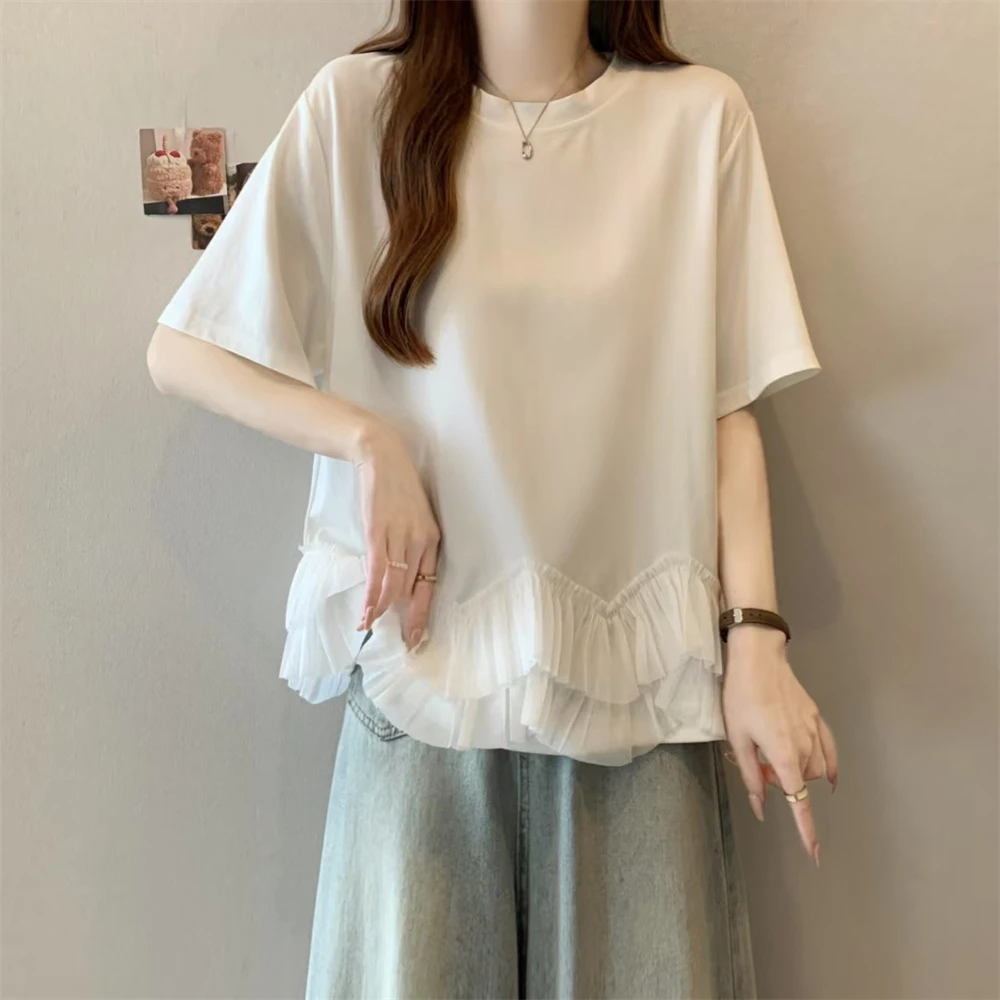 下摆网纱拼接正肩短袖t恤女新款夏季独特别致小上衣-XLTX9199