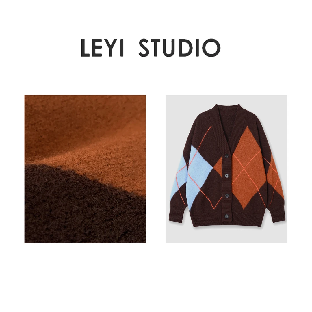 LEYI “CO*S枫叶”100%羊毛美拉德复古V领菱形拼色针织开衫-31001