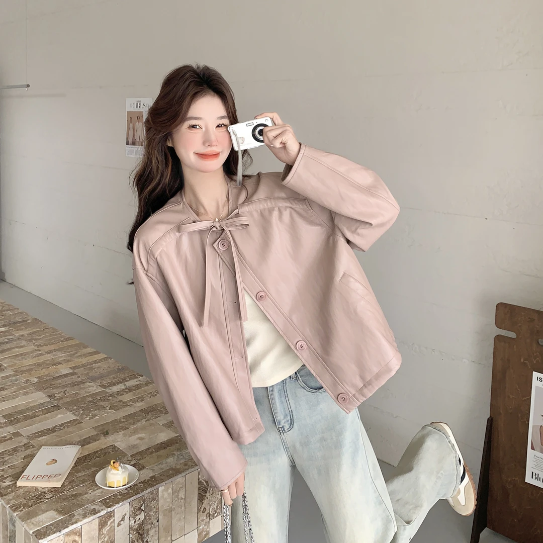 粉色可盐可甜蝴蝶结系带PU皮外套女2025春新款小个子圆领休闲夹克
