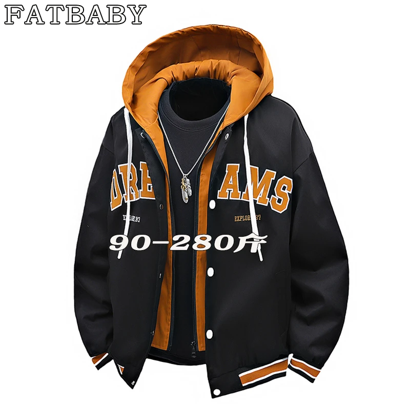 春秋季男士大码宽松日系外套假两件连帽工装休闲上衣棒球服夹克