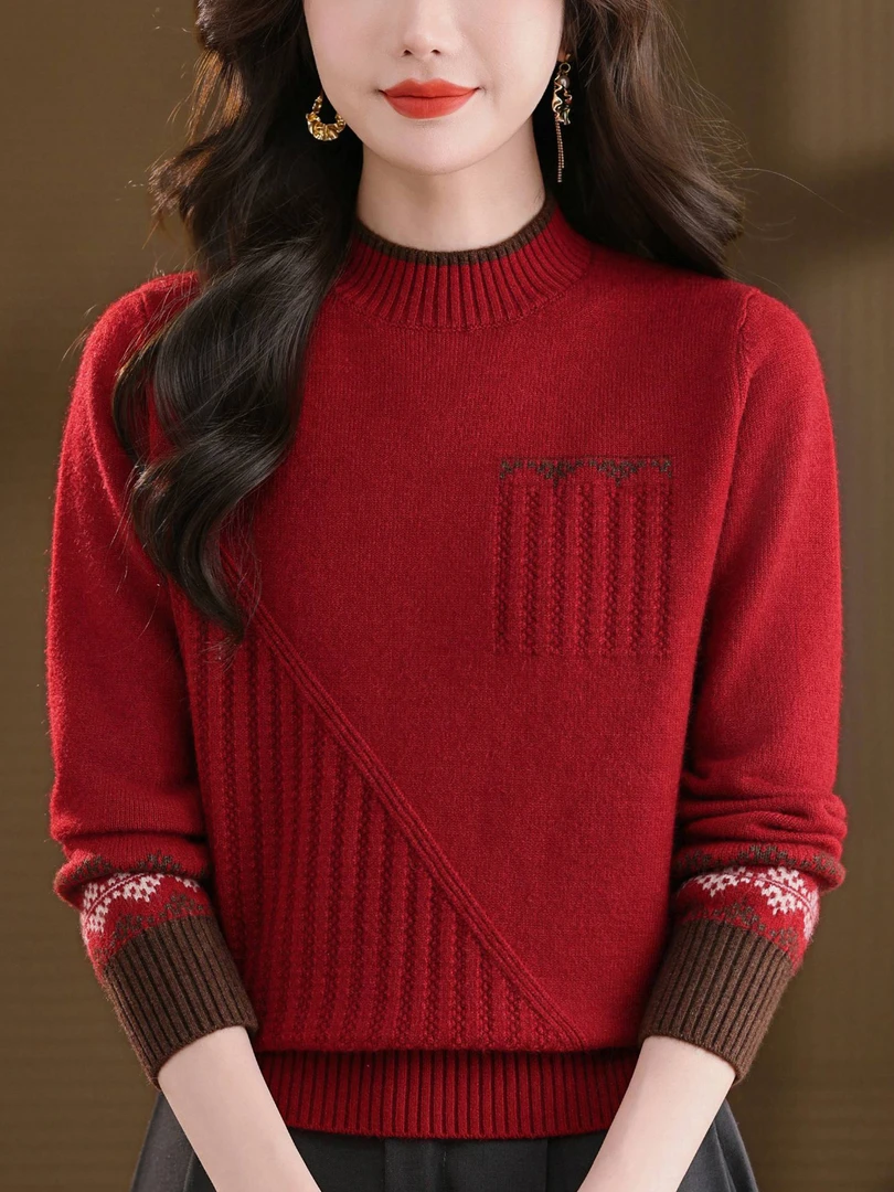 新款秋冬加厚洋气中老年半高领女装短款厚毛衣宽松内搭针织打底衫