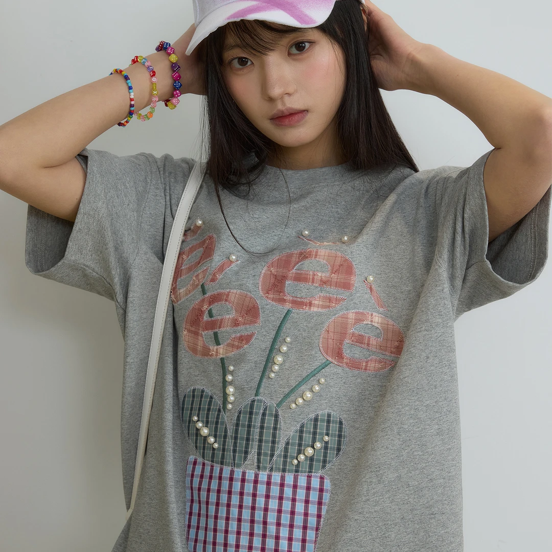 “珍珠盆栽”| eeee花盒创意格纹贴布短袖宽松设计感钉珠T恤夏季