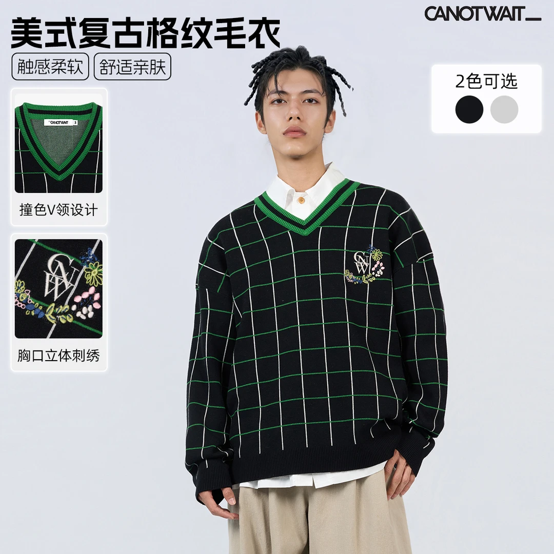 陈伟霆毛衣CANOTWAIT_美式复古学院风格纹V领套头毛衣宽松柔软