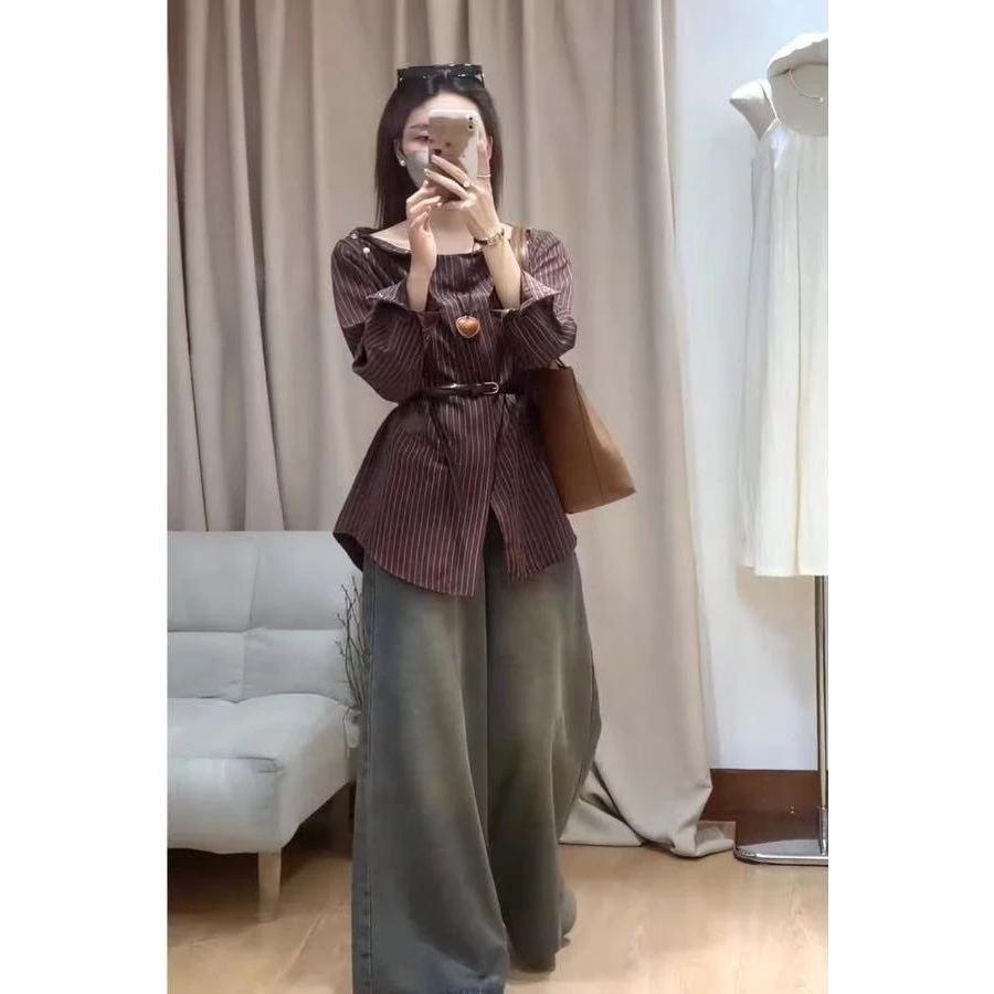 一眼惊艳感！好美！韩版条纹长袖衬衫秋季衬衣设计感时尚气质上衣女