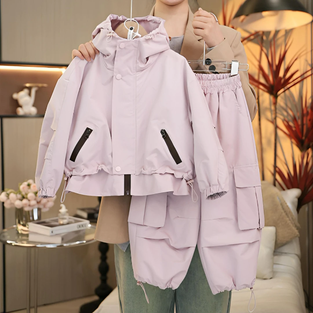 女童时尚休闲冲锋衣2025新款春季中大童粉紫色女孩纯色风衣外套