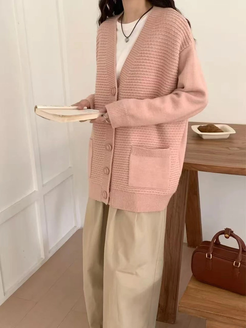 【韩衣舍】80958宽松型纯色冬季薄款长袖毛针织衫复古失序混搭风