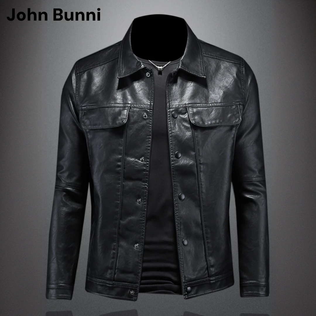John Bunni欧美休闲潮流皮衣男士帅气机车外套时尚纽扣百搭皮夹克