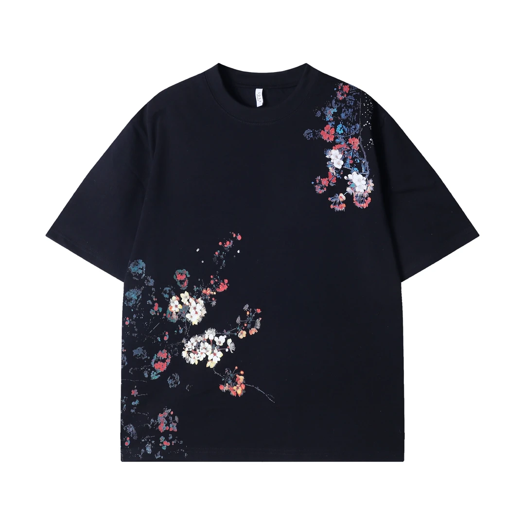 早春新款时尚个性国风重工花朵印花圆领短袖T恤百搭潮流套头上衣