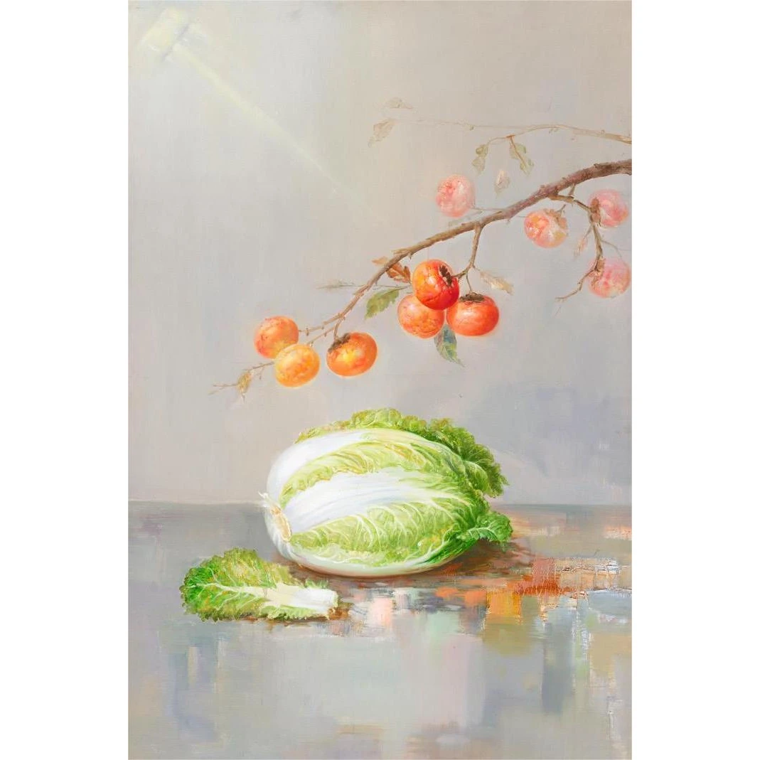 【白菜】 寓意：赚百财 柿柿如意 装饰画 油画客厅玄关办公室 茶