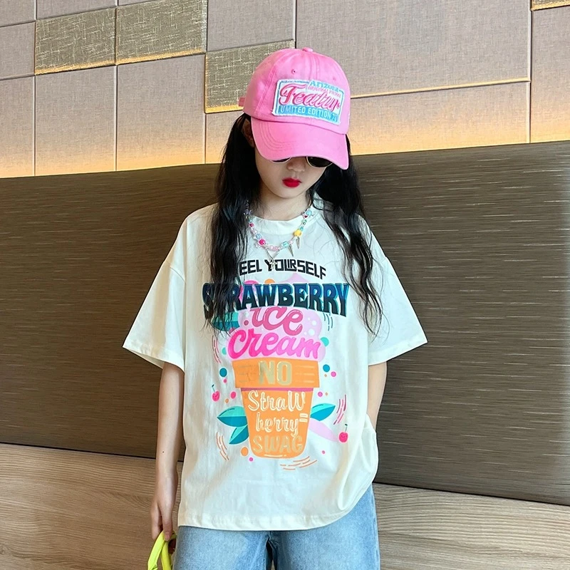 短袖女童新款夏季女大童上衣设计感小众女夏装儿童纯棉T恤半袖ins