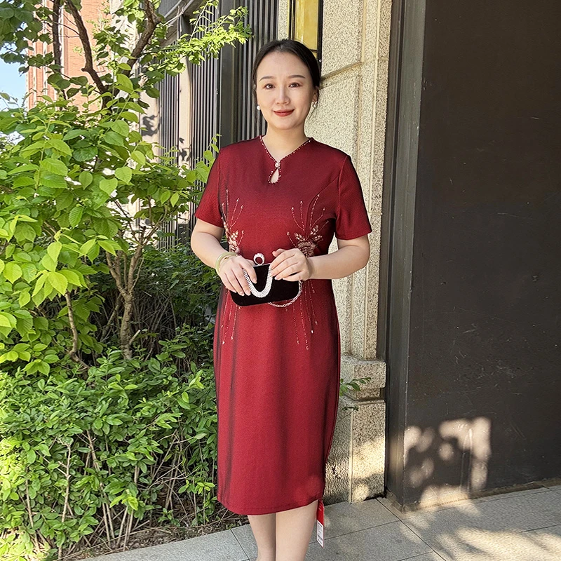 夏季中式喜婆婆结婚妈妈装酒红色加肥大码宽松显瘦婚宴礼服旗袍裙