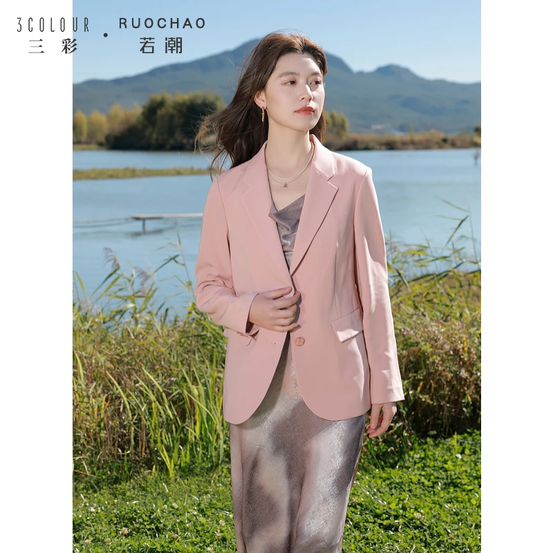 【商城专享】三彩大码女装春季新款翻驳领西服外套通勤显瘦正肩气质