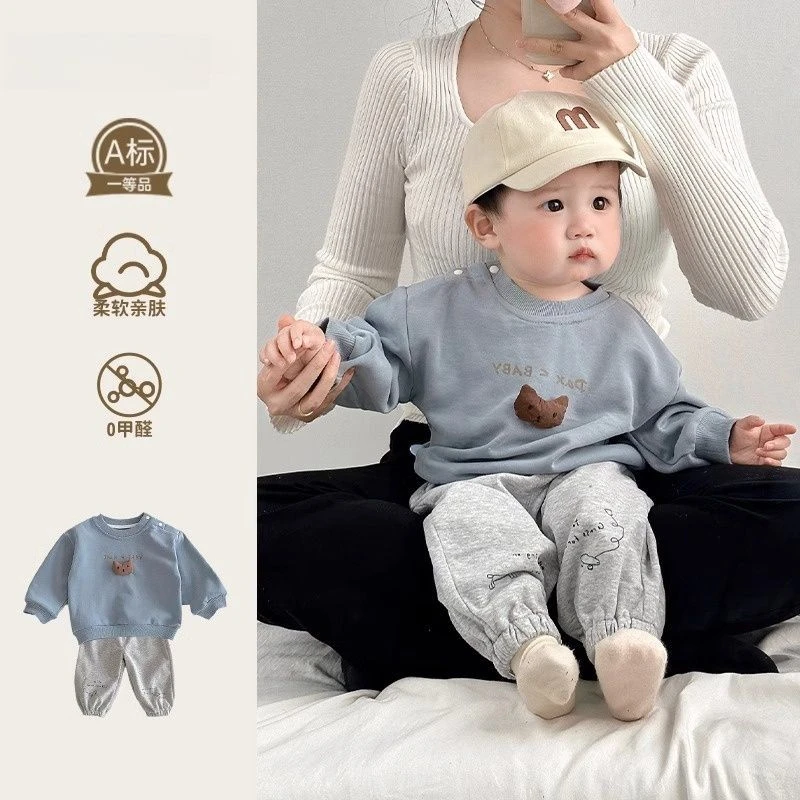 小月龄外出服春秋婴儿分体套装超萌韩系婴幼儿卡通卫衣卫裤两件D