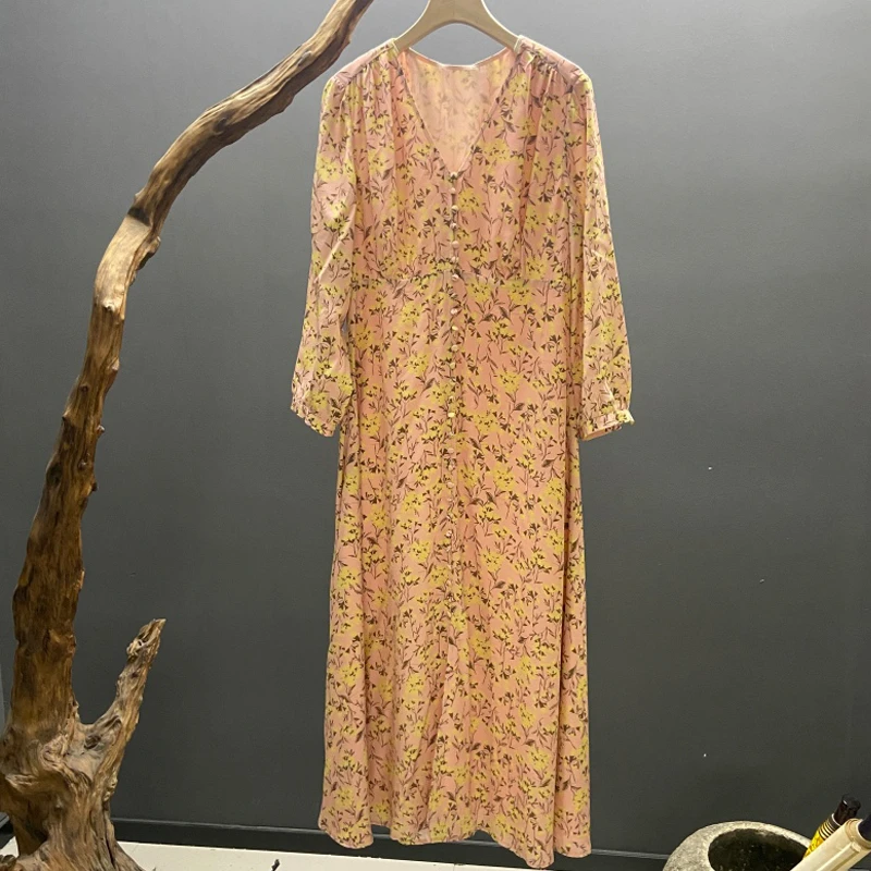 【墨枝】气质V领印花桑蚕丝连衣裙D900A874